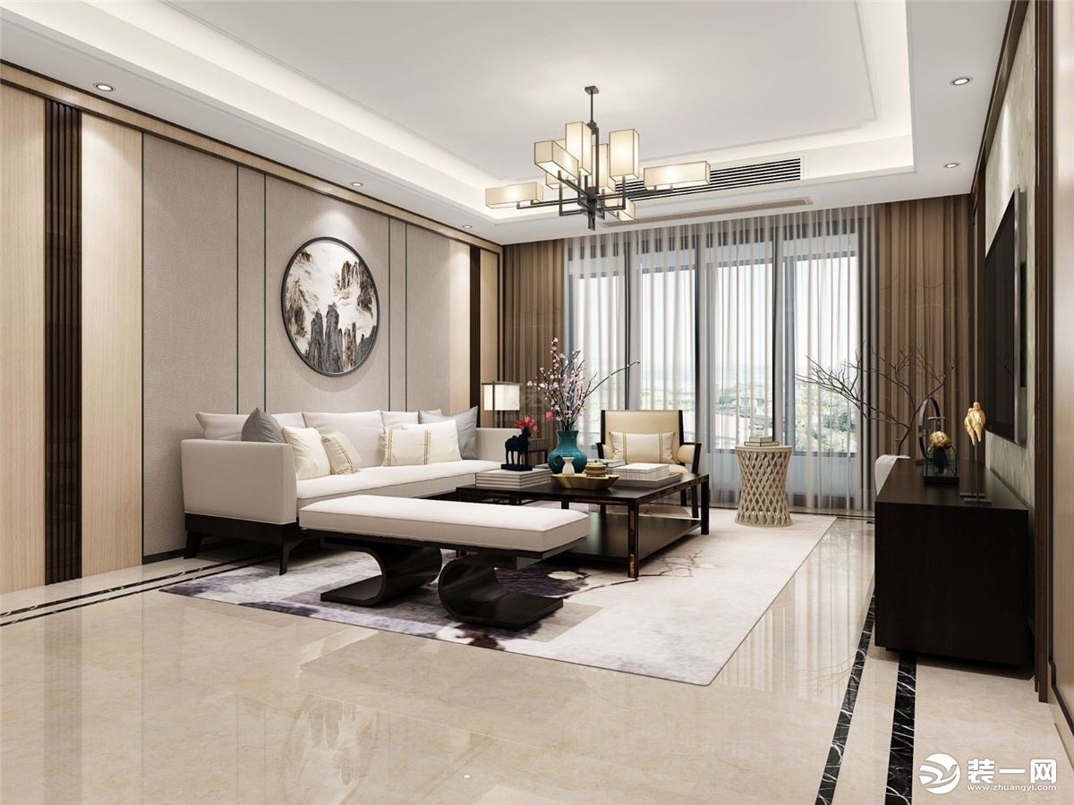 【曲江龙邸】小区120平新中式设计方案，客厅沙发背景墙