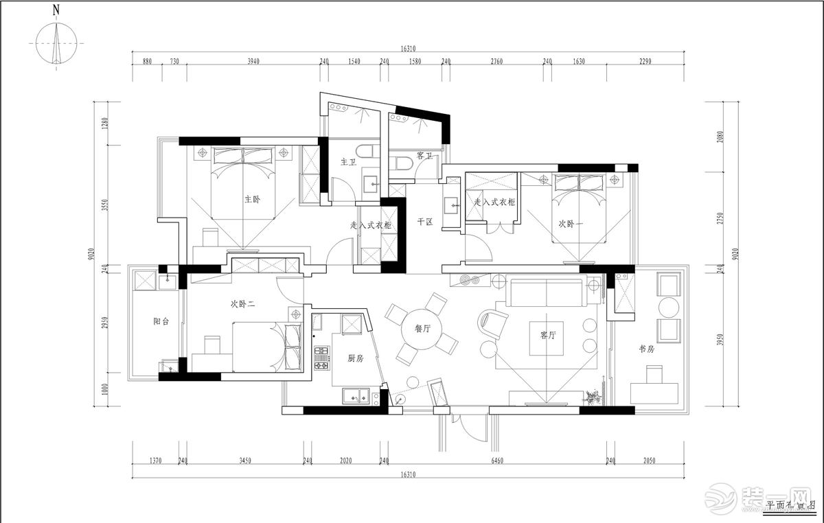 西安枫林华府小区160平三居室旧房改造简约风格半包7W装修方案，平面布局图