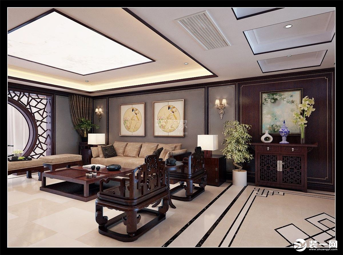 西安曲江湖城大境240平房子中式风格装修半包12万，沙发