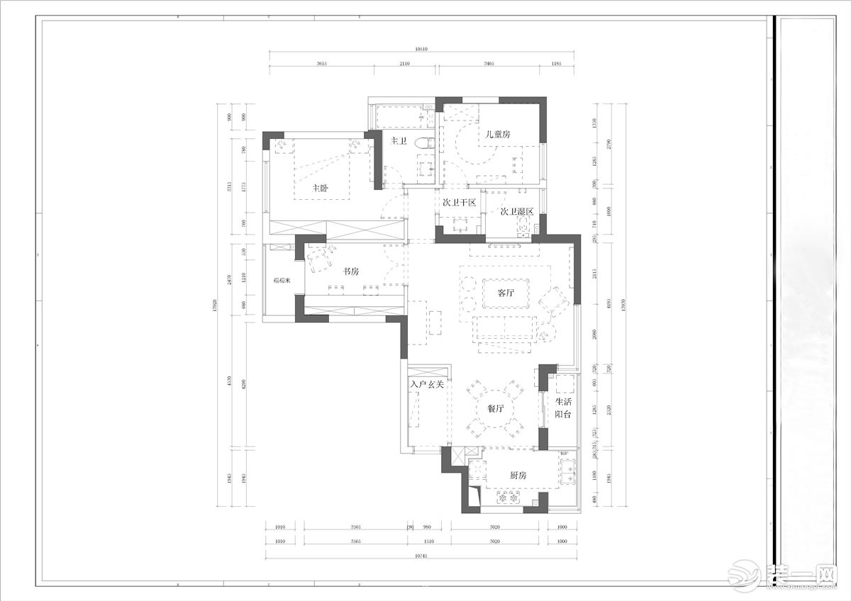 西安建邦华庭小区150平三居室房子简美风格装修方案半包9万，平面布局