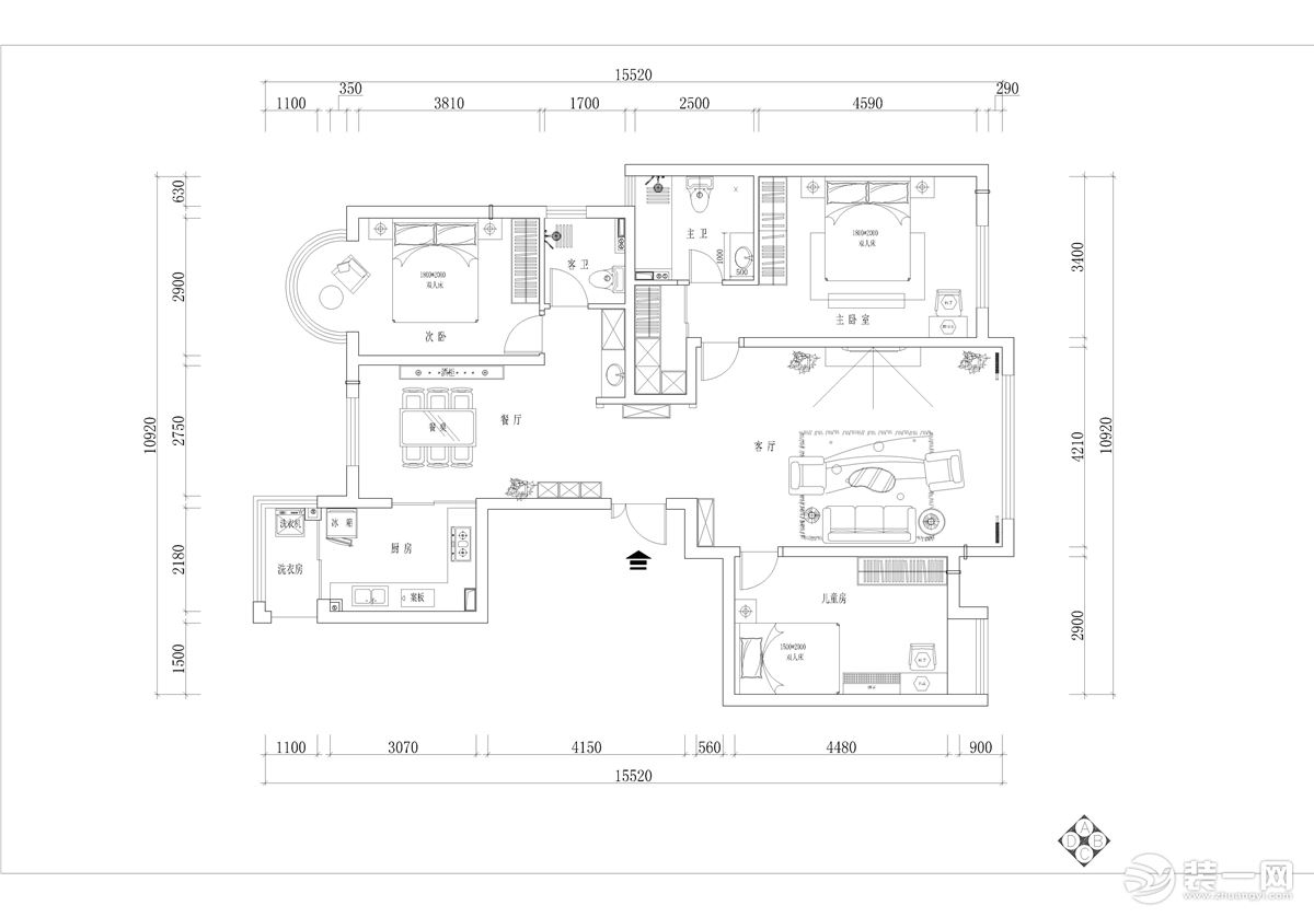 西安建邦华庭小区150平三居室房子简约美式风格半包装修方案，平面布局图