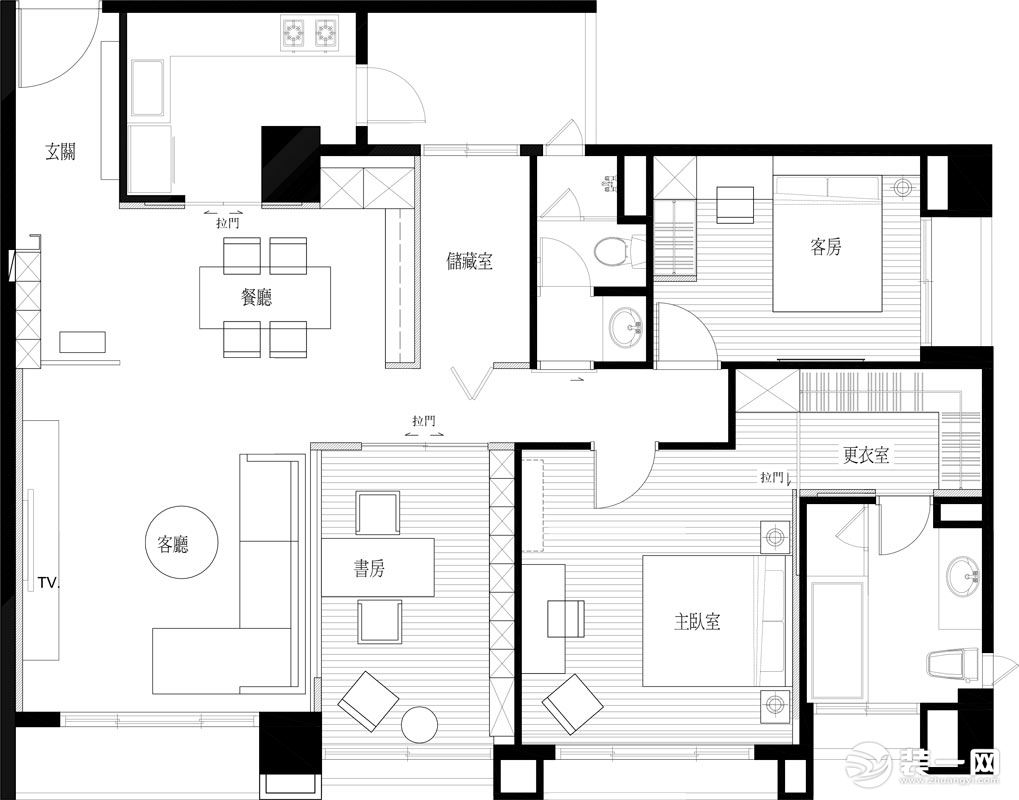 西安龙湖香醍璟宸小区145平三居室台式风格设计方案，平面布局图