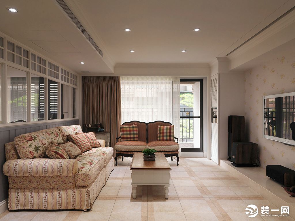 西安金辉优步花园小区125平三居室美式地中海风格设计方案，客厅