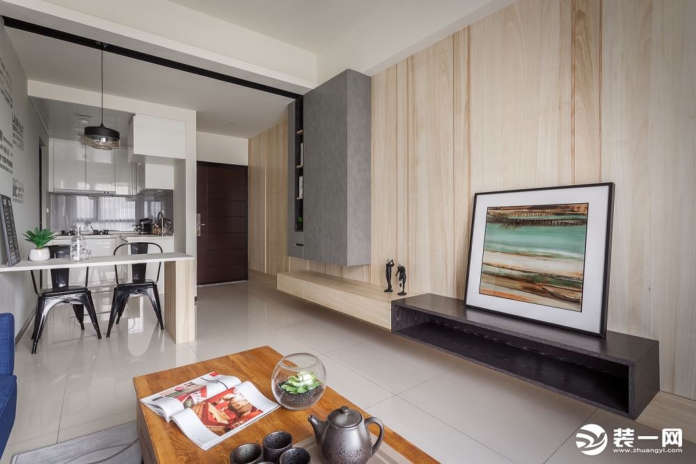 西安雅居乐湖居笔记小区95平现代简约风格小三室设计方案，开放式厨房