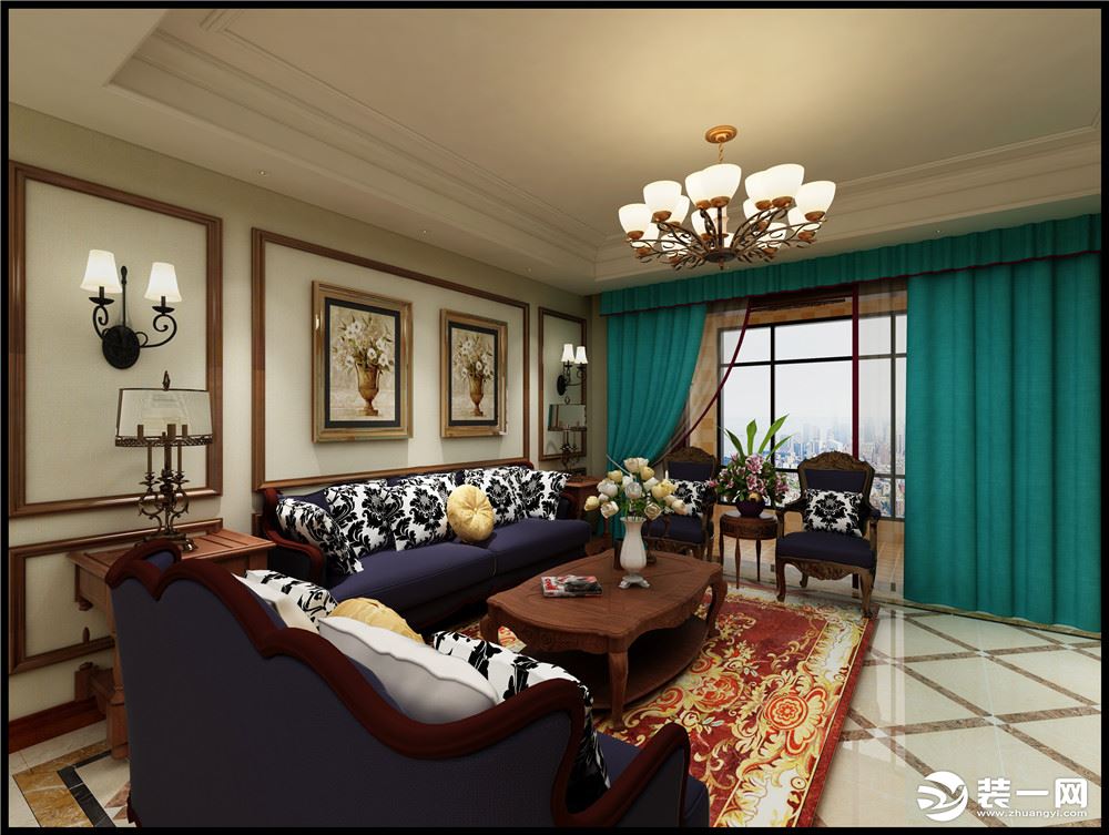 【今朝装饰】西安自然界云栖小区158平三居室房子美式风格设计方案，沙发背景墙