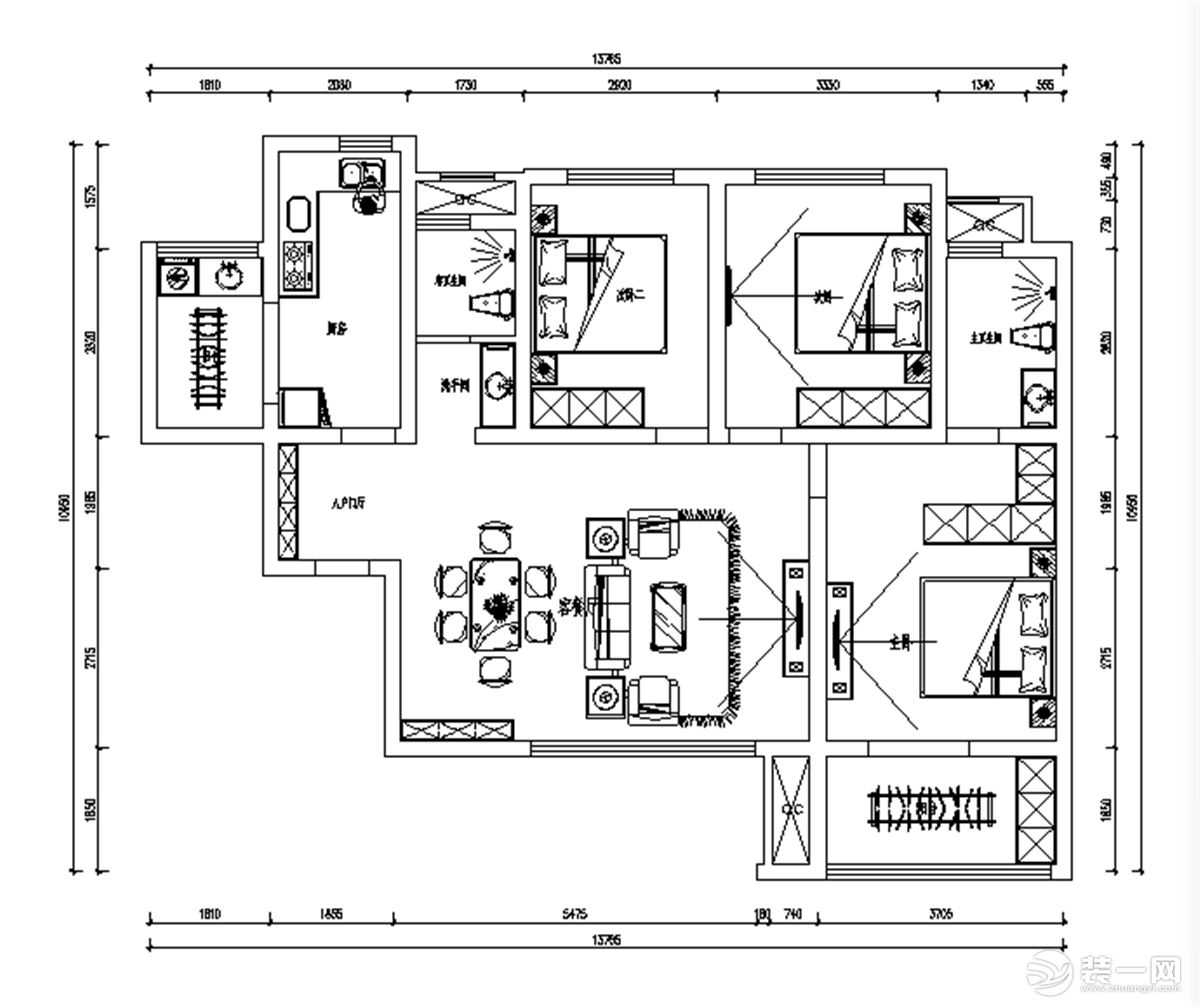 【今朝装饰】西安曲江香都小区125平三居室房子简中式风格设计方案，平面布局图