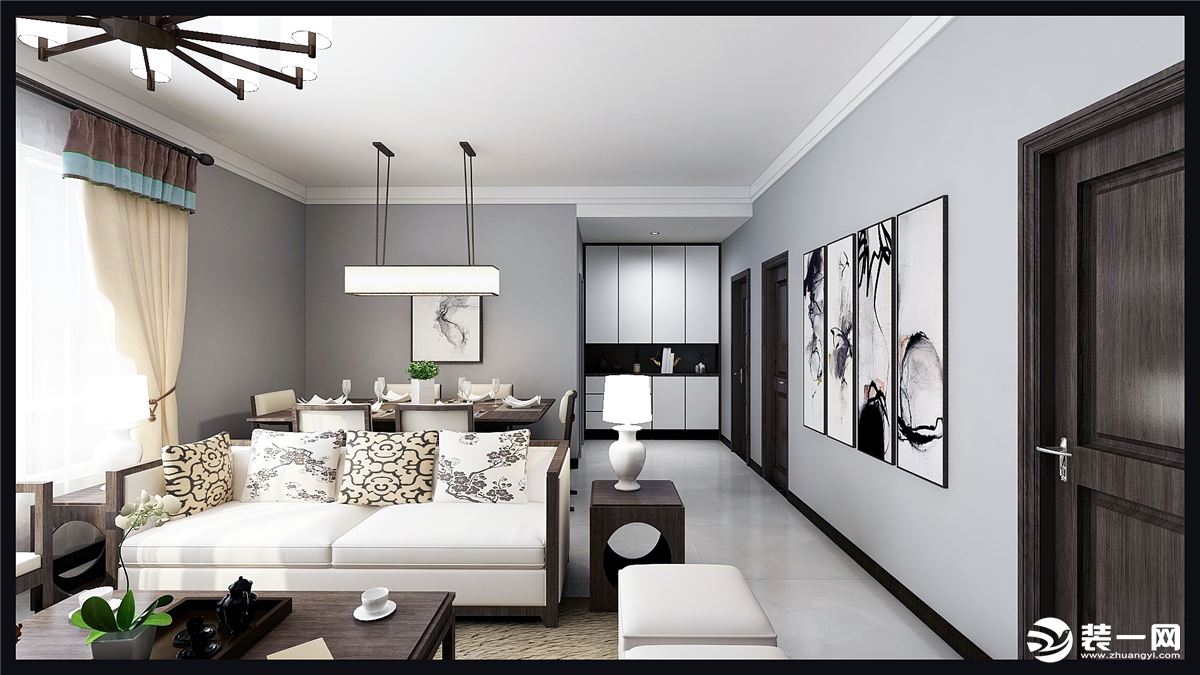 【今朝装饰】西安曲江香都小区125平三居室房子简中式风格设计方案，客厅