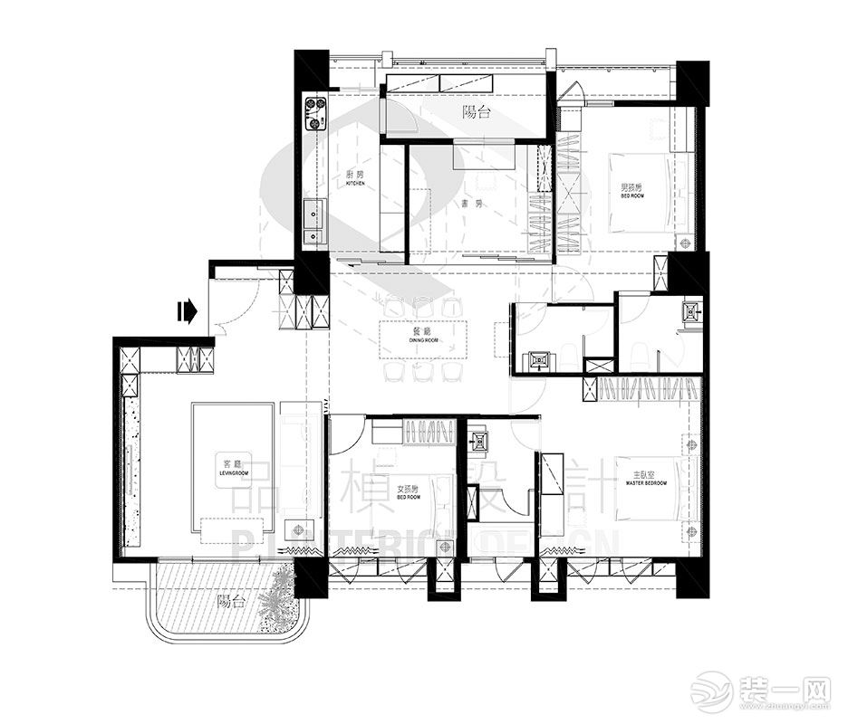 【今朝装饰】西安高科尚都小区160平三居室房子现代简约风格设计图，平面布局图