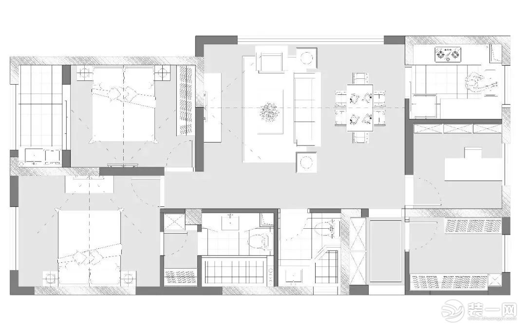 西安今朝装饰 108平三居室房子现代简约风格装修设计方案 平面布局图