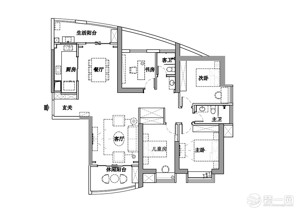 西安今朝装饰 绿地世纪城老房翻新装修方案 三居室美式风格设计方案 平面改造图