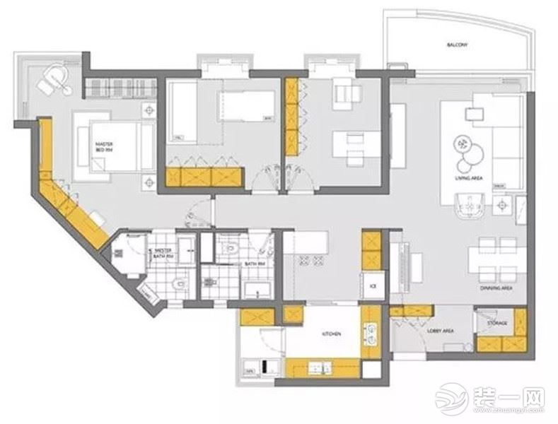 西安今朝装饰 140平三居室房子北欧风格装修设计图 平面布局图