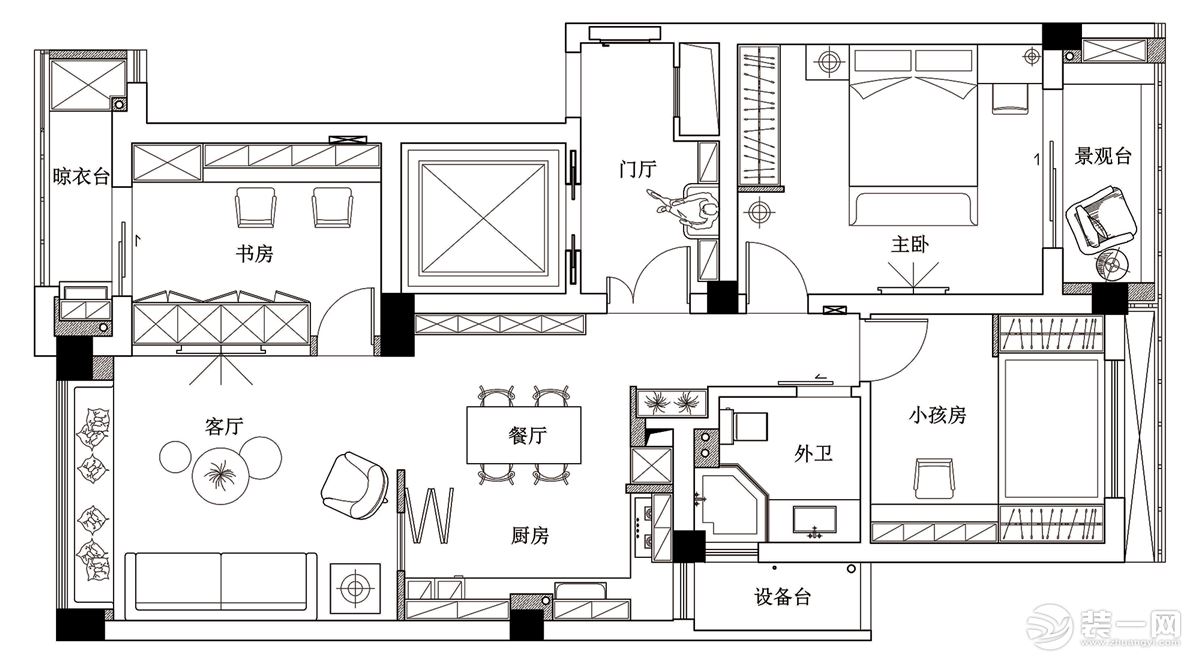 西安今朝装饰 西安金泰新理城小区装修样板间  西安109平小三居房子美式风格装修参考方案 平面改造图