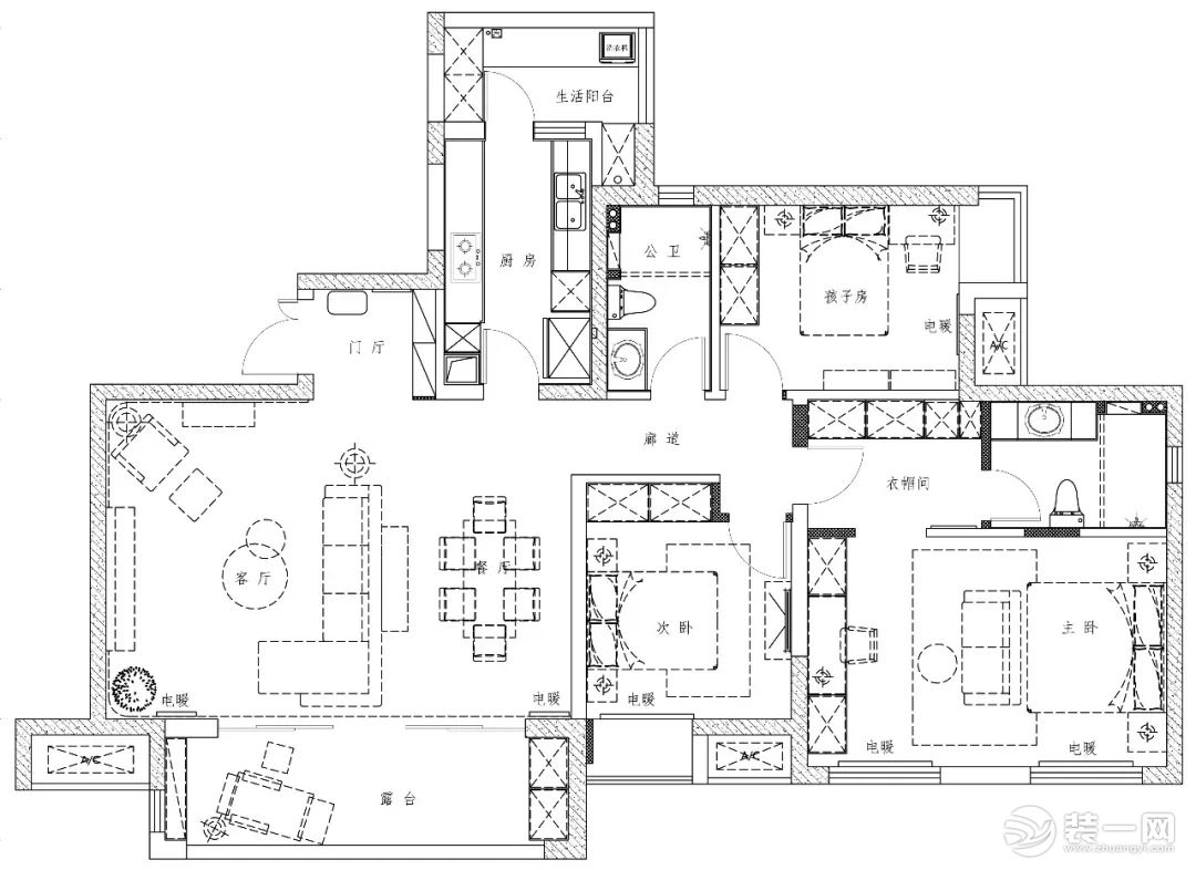 西安今朝装饰 西安城市星钻小区150平三居室房子现代简约风格装修样板间 平面布局图