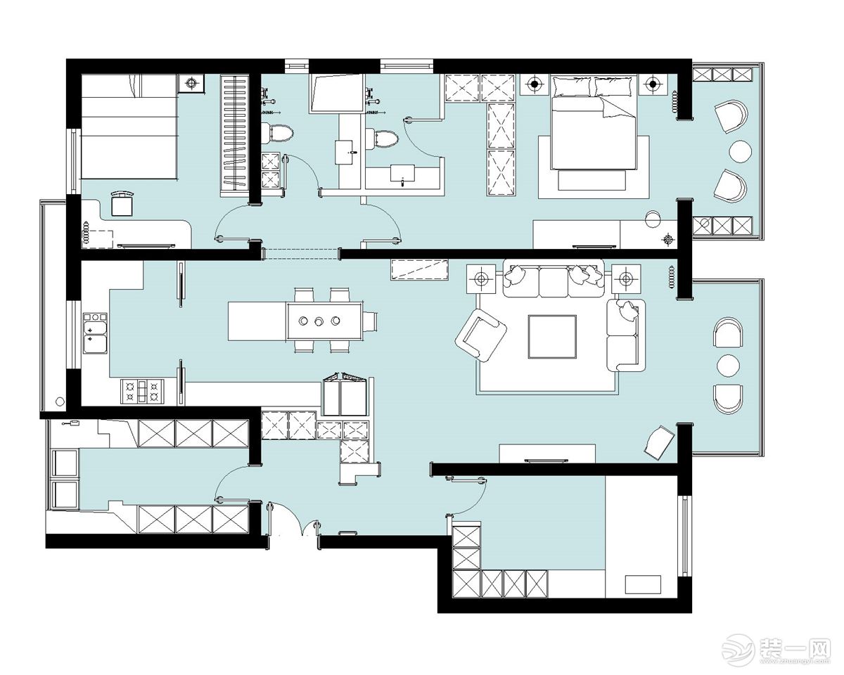 西安今朝装饰 西安万达天樾小区160平四居室房子现代简约风格装修样板间 平面改造图