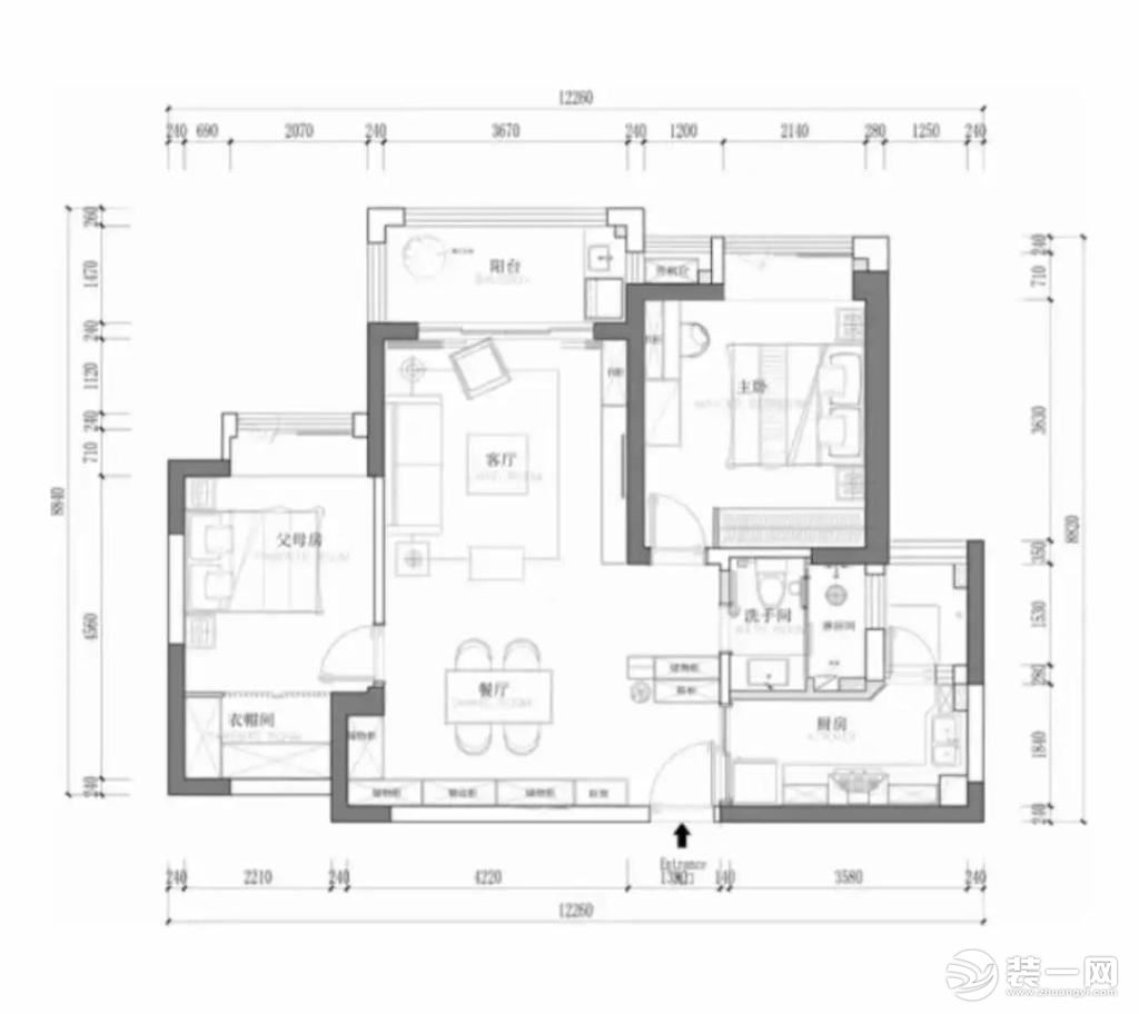 西安今朝装饰，腾业国王镇小区90平两居室房子现代简约风格半包装修设计效果图，平面改造图