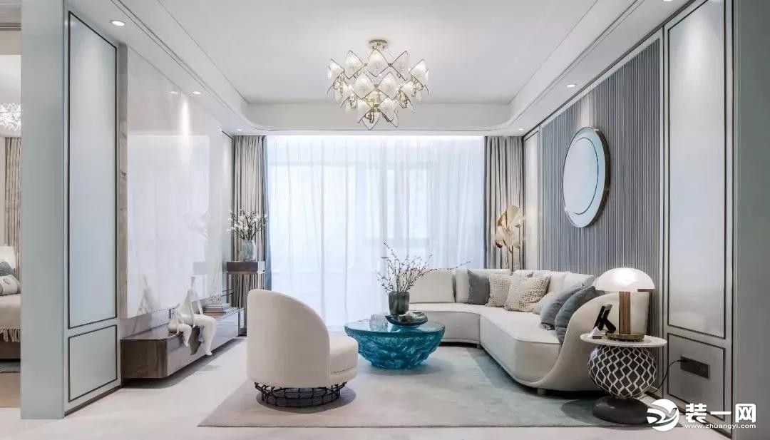 整体现代优雅的空间以Tiffany蓝的搭配，让空间充满了浪漫优雅的气质，并在细节里加入禅意精致的中式
