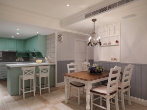 西安金辉优步花园小区125平三居室美式地中海风格设计方案，开放式厨房
