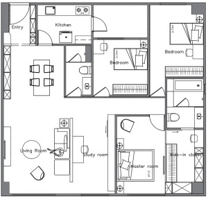 西安今朝装饰公司 伊顿公馆小区130平三居室房子北欧风格装修方案 平面改造图