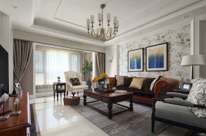西安今朝装饰，香江湾168平四居室房子美式风格装修效果图，沙发背景墙