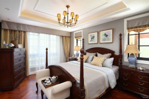 西安今朝装饰，香江湾168平四居室房子美式风格装修效果图，主卧