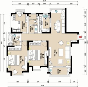 西安今朝装饰，高新伟业公馆148平米三居室房子美式风格装修效果图，平面布局图