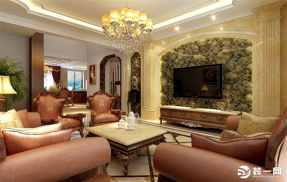 客厅及其雅致，线条简洁，张弛有度，色调柔和，空间整体灵动而不古板。