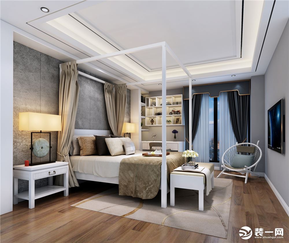 【四海一家】210平米卧室新中式风格全景效果图