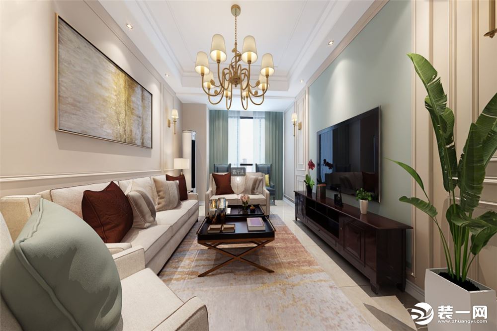 【绿地GIC】130平米三居室客厅美式风格全景效果图