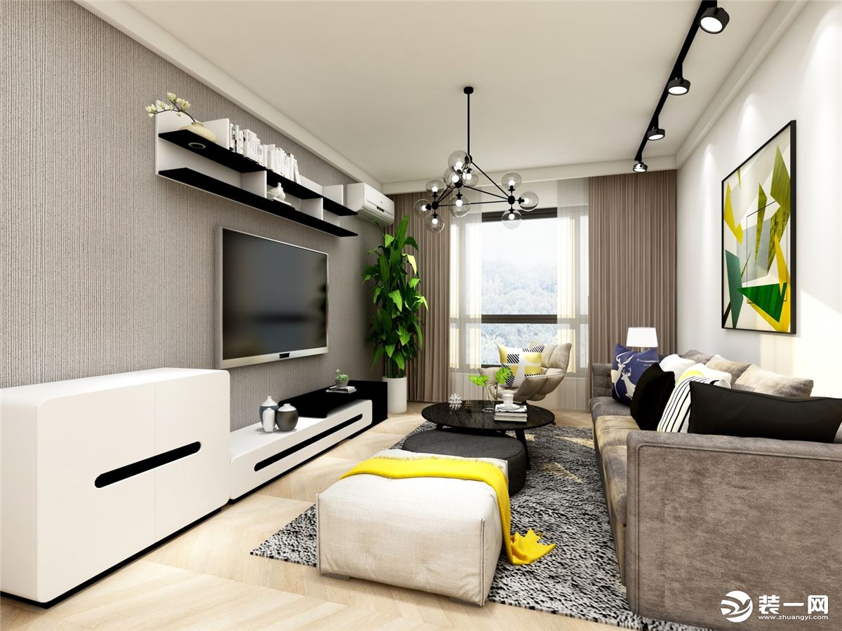 电视墙采用的是素色壁纸，黑白色的电视柜不仅增加了储物功能，还使得空间看上去更加简洁，干练。在客厅会客