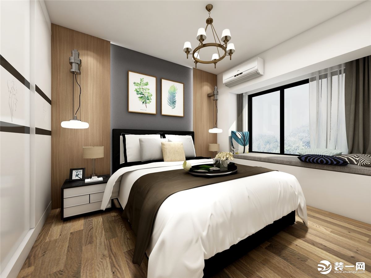 床头背景墙采用的是木板上墙装饰，通过灯光凸显个性的背景墙，温馨而有质感，使空间主体分明。床头灯是吊灯