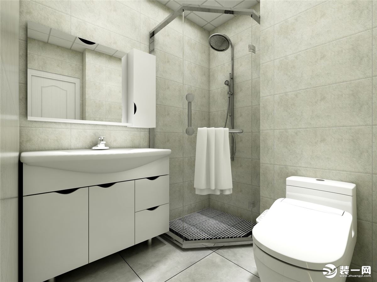 卫生间采用墙地一体的砖，显的整个空间比较宽敞敞亮，颜色比较沉稳，淋浴房实现干湿分离，空间利用合理。