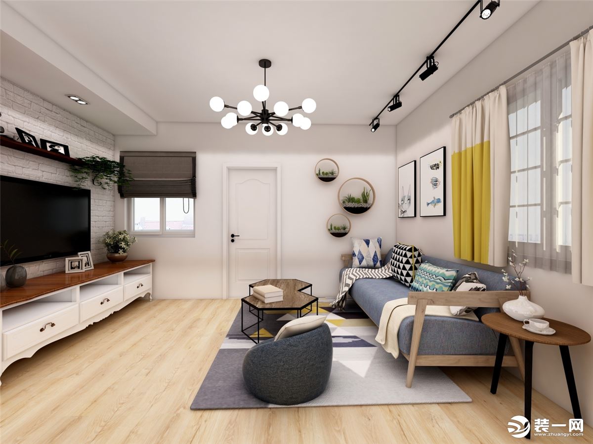 客厅主要以白色色调为主，与背景墙的文化砖相互融合，浅色系的沙发搭配蓝色的地毯，传递着简洁、舒适的气息
