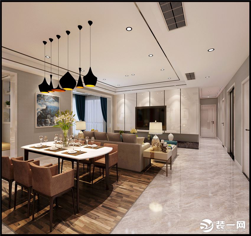 客厅与餐厅区域规划追求当下流行的共享理念，空间融合让采光最大化。