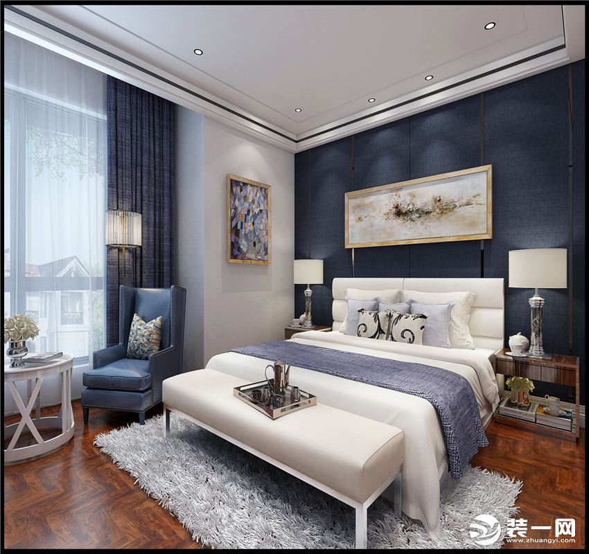 主卧：床头吊灯搭配背景跟整个空间融合，搭配中性灰色质感十足。