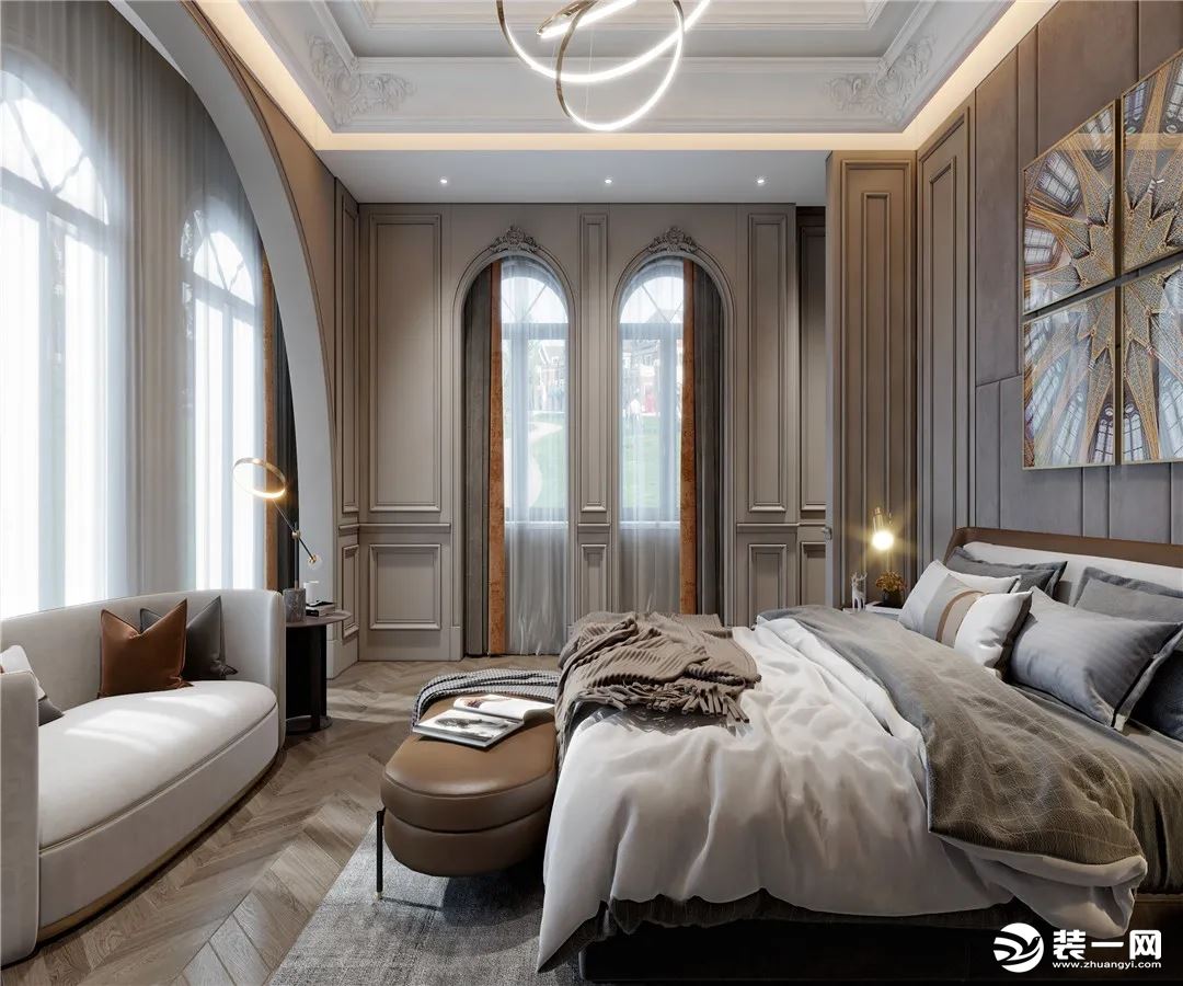 卧室空间色调柔和，自然的木色搭配浅色能更好的平衡美感，墙板，顶面造型柔美优雅，也给人轻松惬意的感觉