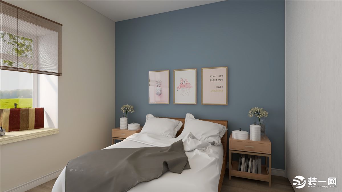 卧室采用蓝灰色做床头背景墙，使得卧室看起来更加的安静，能让业主在忙碌了一天后能够更好的放松自己的身心