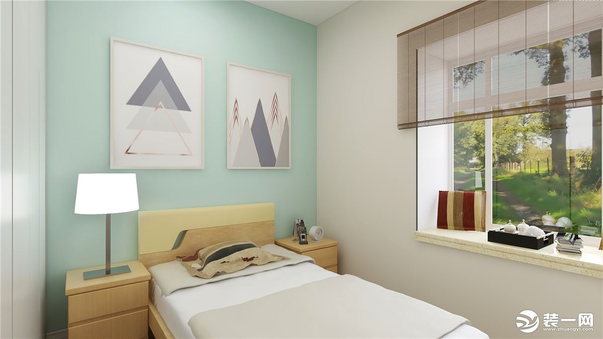 次卧的床头背景墙采用了女业主最为喜爱的薄荷绿色，其余墙面采用米黄色为辅助色让整个空间看起来更加的放松