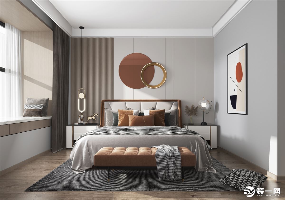卧室家具颜色以灰色为主，以暖色搭配，温馨又美观，布置较为温馨作为主人的私密空间