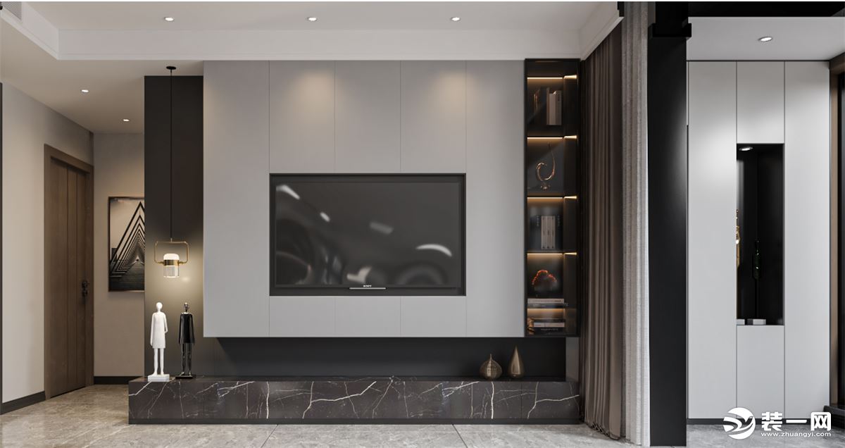 不对称造型电视背景墙的设计，不规则跳色沙发的布置赋予空间活力的生命色彩。