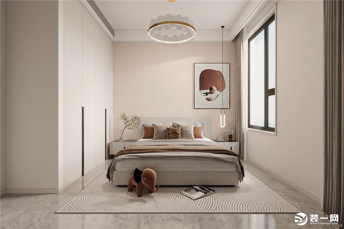 卧室采用更加简单的设计，跳色的背景墙加上吊线灯，让空间更加柔和，走进卧室放下一身疲惫，感受家的温暖。