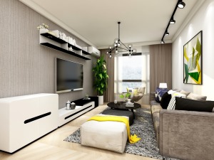 电视墙采用的是素色壁纸，黑白色的电视柜不仅增加了储物功能，还使得空间看上去更加简洁，干练。在客厅会客