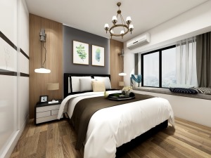 床头背景墙采用的是木板上墙装饰，通过灯光凸显个性的背景墙，温馨而有质感，使空间主体分明。床头灯是吊灯