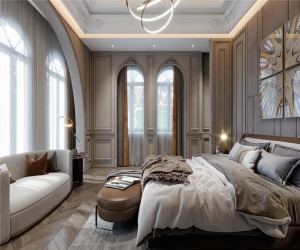 卧室空间色调柔和，自然的木色搭配浅色能更好的平衡美感，墙板，顶面造型柔美优雅，也给人轻松惬意的感觉