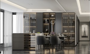 依旧延续客厅的色调，大理石的岛台与现代的餐桌搭配金属的灯具，使得额空间相得益彰。