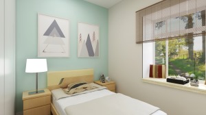 次卧的床头背景墙采用了女业主最为喜爱的薄荷绿色，其余墙面采用米黄色为辅助色让整个空间看起来更加的放松
