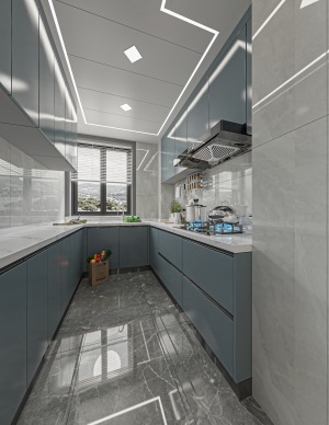 厨房的布置合理的运用了该空间U型的特点，合理运用空间，增加了空间的储物量。
