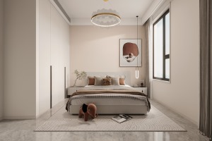 卧室采用更加简单的设计，跳色的背景墙加上吊线灯，让空间更加柔和，走进卧室放下一身疲惫，感受家的温暖。