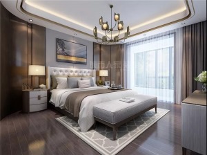主卧优雅大气的家具饰品、胡桃木色弧形造型床背墙、顶部异性吊顶与特色，为卧区营造出高贵时尚感觉。