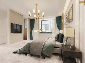 卧室虽然线条简洁，却足够得体大气；藏蓝色窗帘与床品呼应，在抽象挂画的陪衬中，多了份现代优雅；