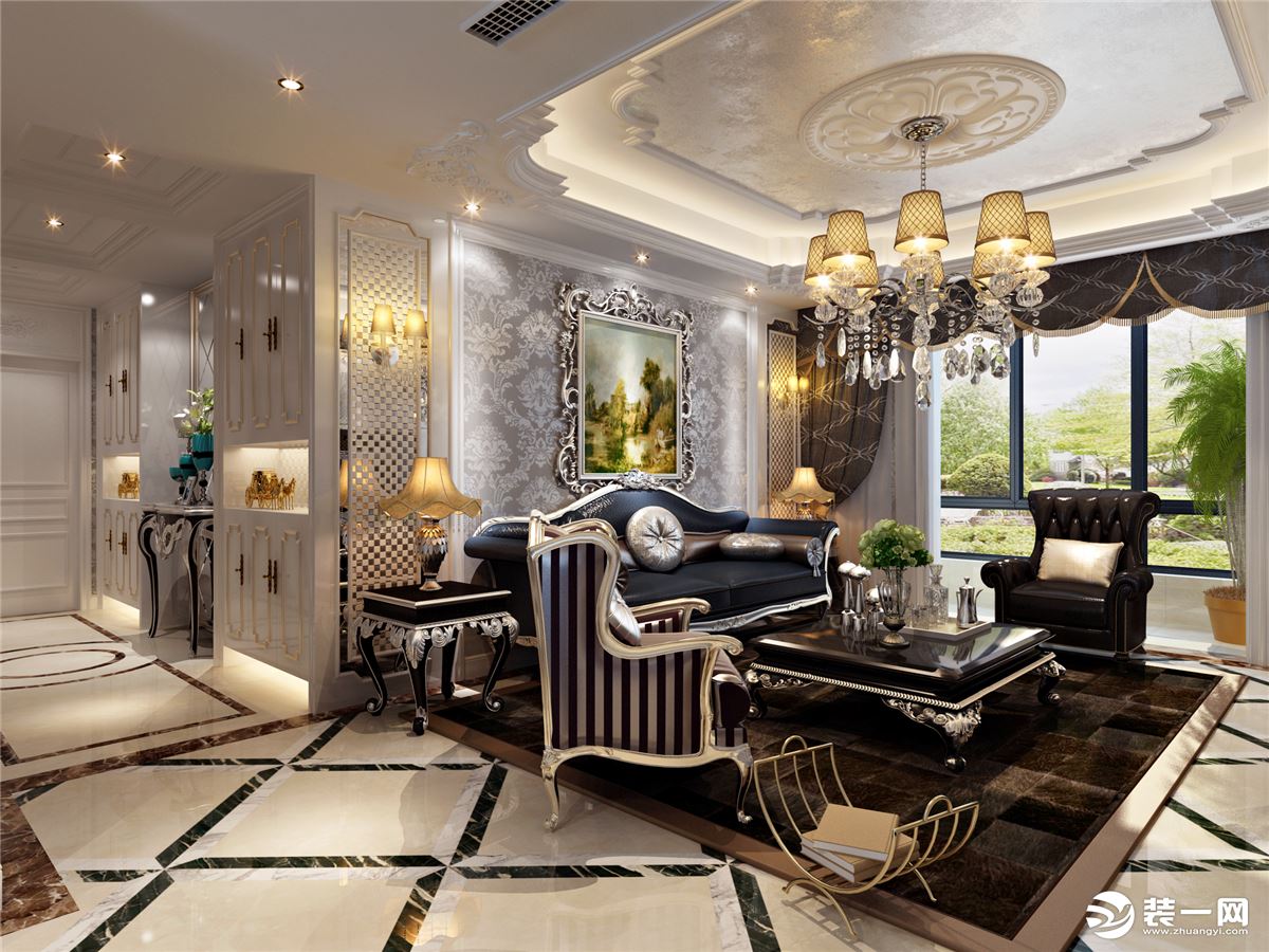 国润城140平欧式风格客厅沙发背景墙效果展示咸阳鲁班装饰